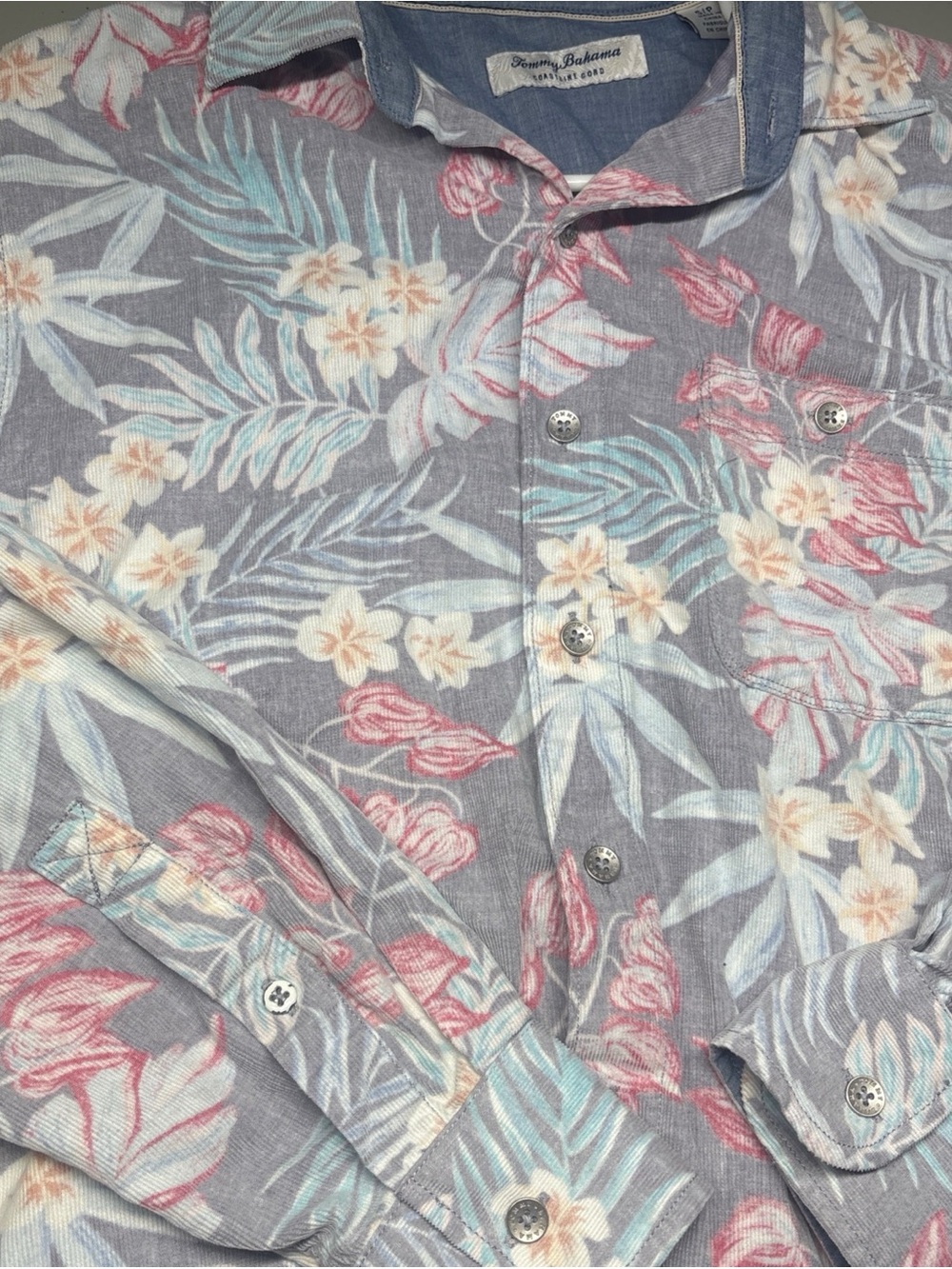 Tommy Bahama Button Down Mens Small Grey Tropical Floral Coastline Cord